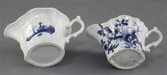 Two Worcester blue and white creamboats in the Bare Tree Pagoda and Prunus Root patterns, c.1754-60, 10.5 and 10cm long